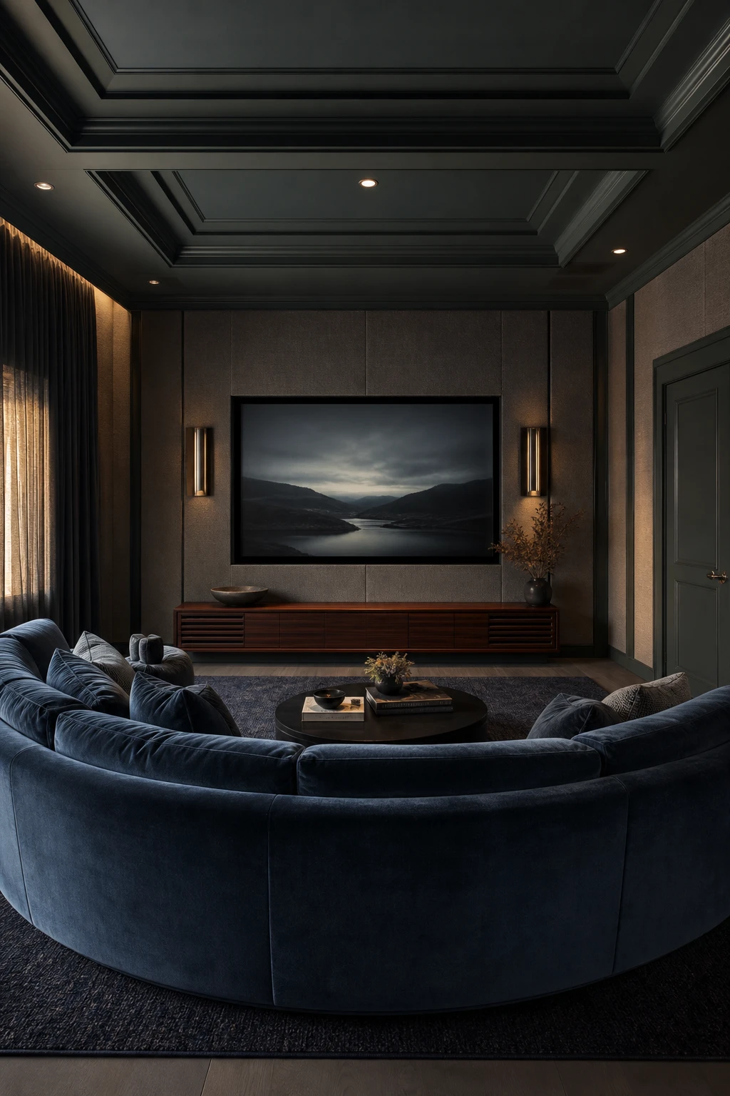 Moody media room with dark blue and gray walls, deep upholstered seating, fabric wall panels, and Farrow and Ball Reduced Green accent trim in soft evening light