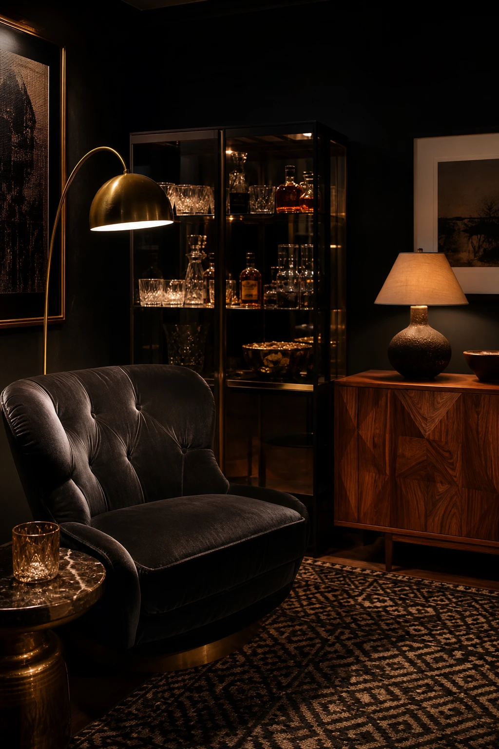 Moody Midcentury Glam living room corner with speakeasy atmosphere, deep shadow, amber lighting, walnut paneling and Farrow & Ball Pitch Black walls