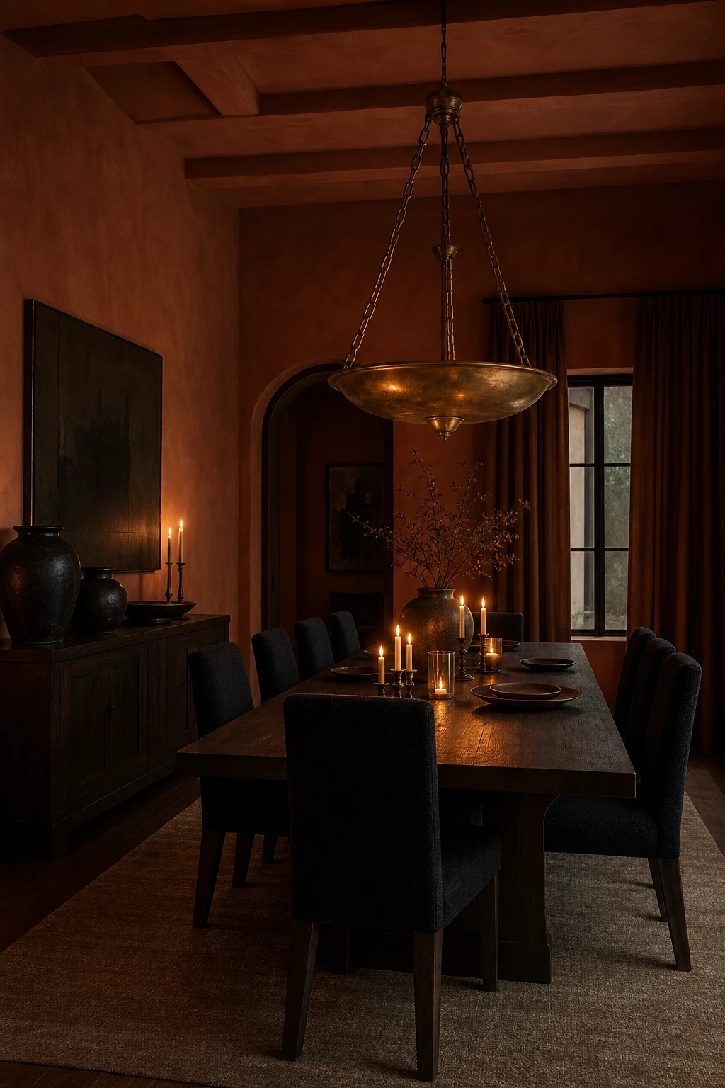 Moody modern terracotta dining room with dark accents, low warm candlelight, deep earth tone walls in Farrow and Ball Faded Terracotta, and rich layered textures
