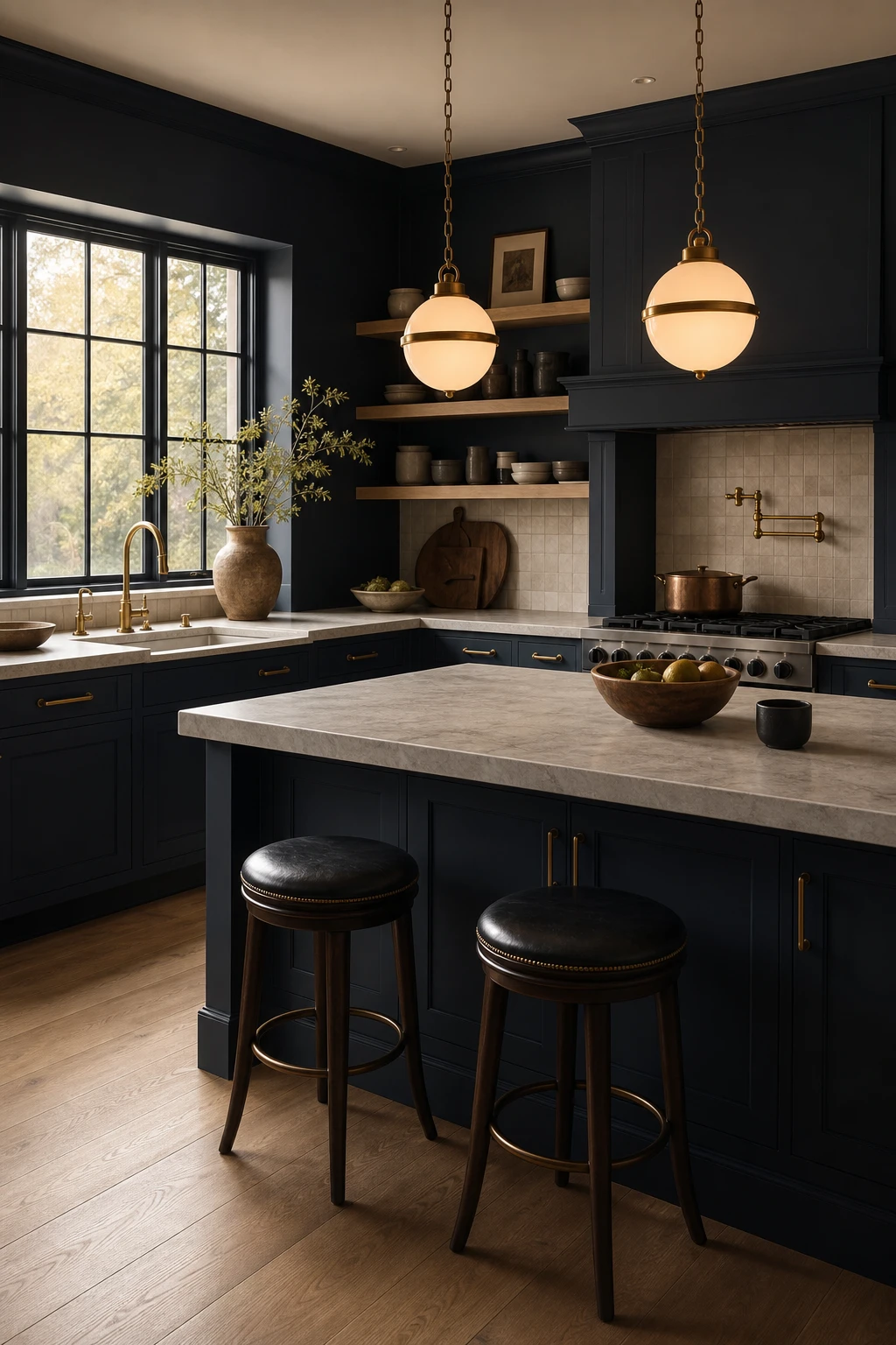 Moody navy and beige kitchen with dark blue island, perimeter cabinets, brass fixtures, stone countertops and warm pendant lighting in an immersive dramatic style