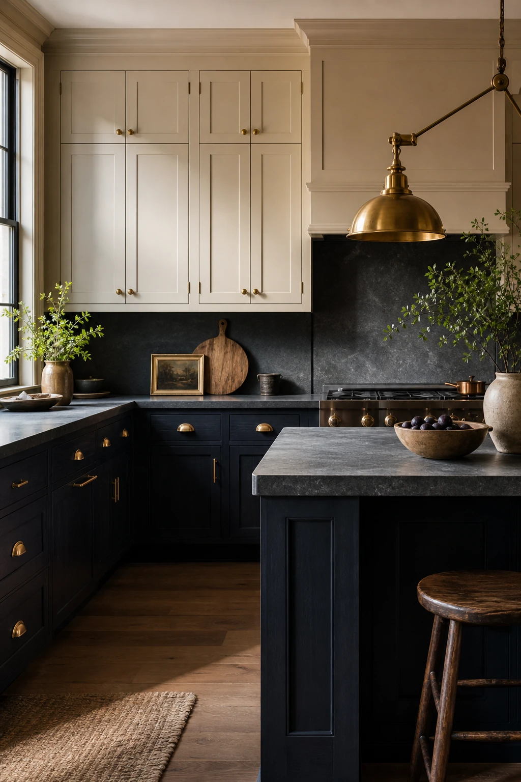 Moody navy and beige kitchen with dark blue lower cabinets in dark wood grain finish, brass hardware, stone countertops, and warm pendant lighting