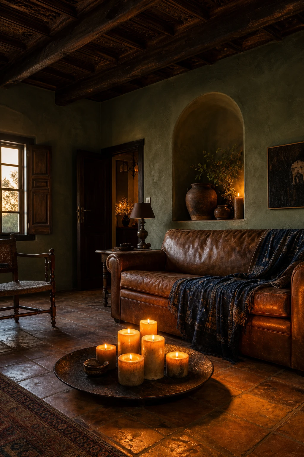 Moody rustic Spanish decor living room with candlelight, dark plastered walls in Farrow and Ball Menagerie, arched niches, wrought iron, and worn leather seating