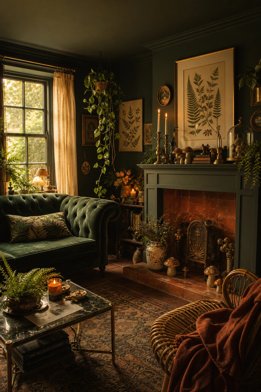 Moody whimsical dark green and terracotta living room with deep jewel tones, botanical curiosities, and layered eclectic decor evoking a secret garden atmosphere