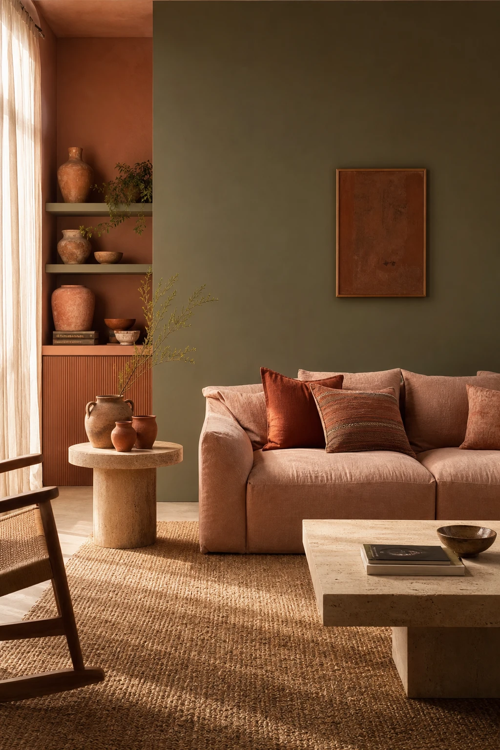 Muted olive and terracotta living room with linen sofa, clay vessels and warm afternoon light creating a calm earthy mood
