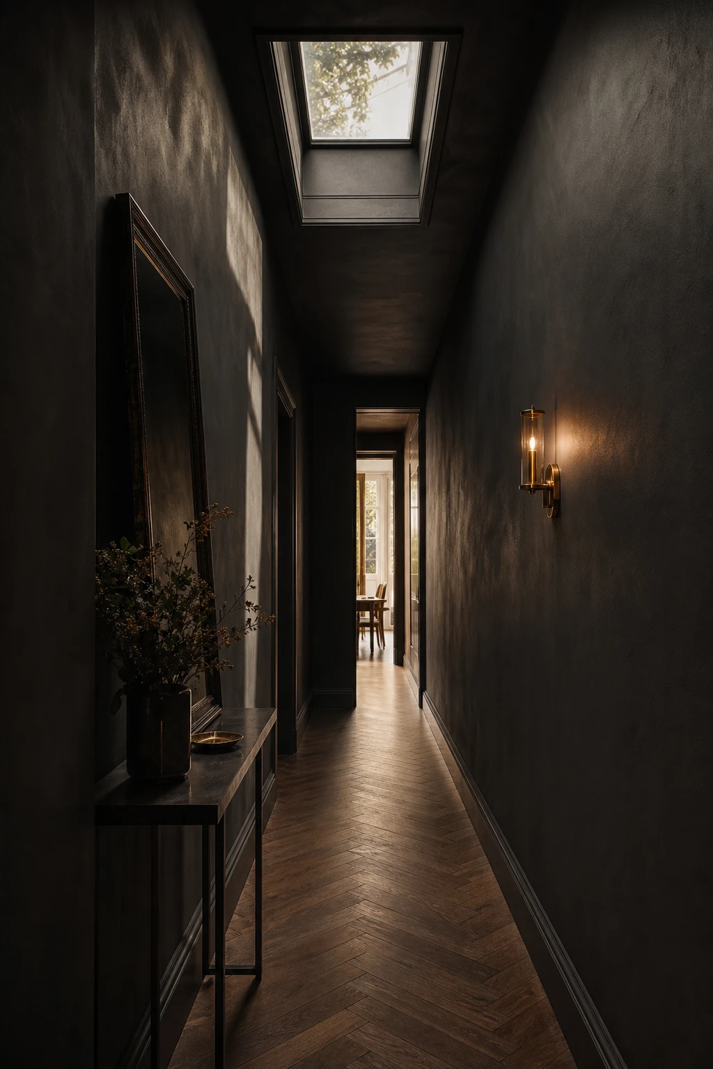 Narrow all black hallway painted in Farrow and Ball Off Black with dramatic lighting, a slim console table, tall mirror, and herringbone floor leading to a bright room beyond