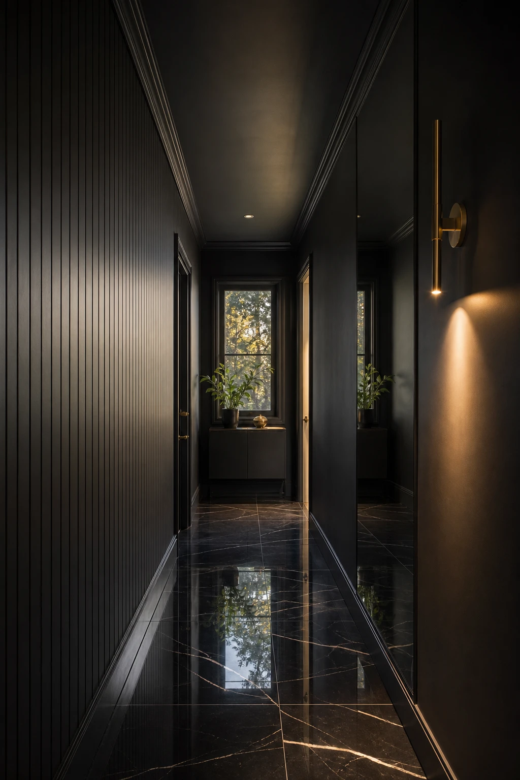 Narrow all black hallway with floor to ceiling mirror, vertical panelling, glossy floor tiles and Farrow and Ball Liquorice walls creating an expansive illusion
