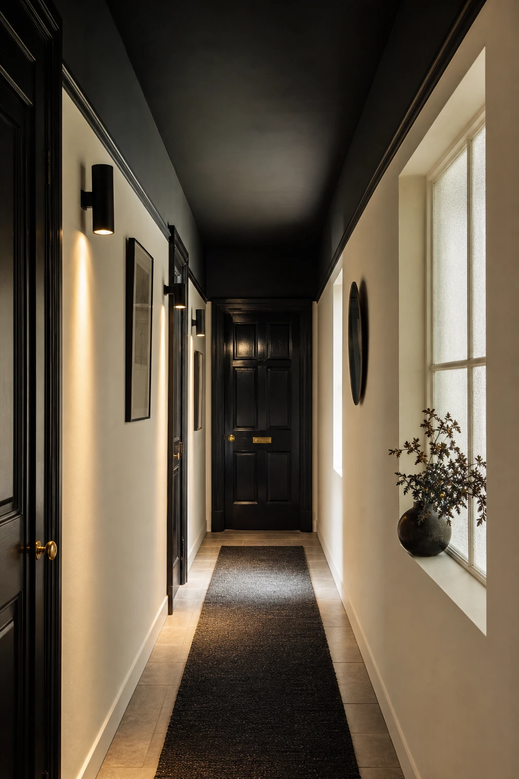 Narrow hallway with black painted ceiling above pale walls, moody downlighting, dark wood floor, and glossy black door at far end
