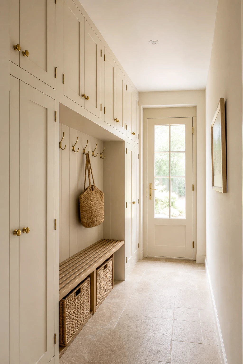 Narrow mudroom hallway painted Farrow and Ball Tallow with ceiling height shaker cabinets, wall hooks, a slim bench and woven basket storage