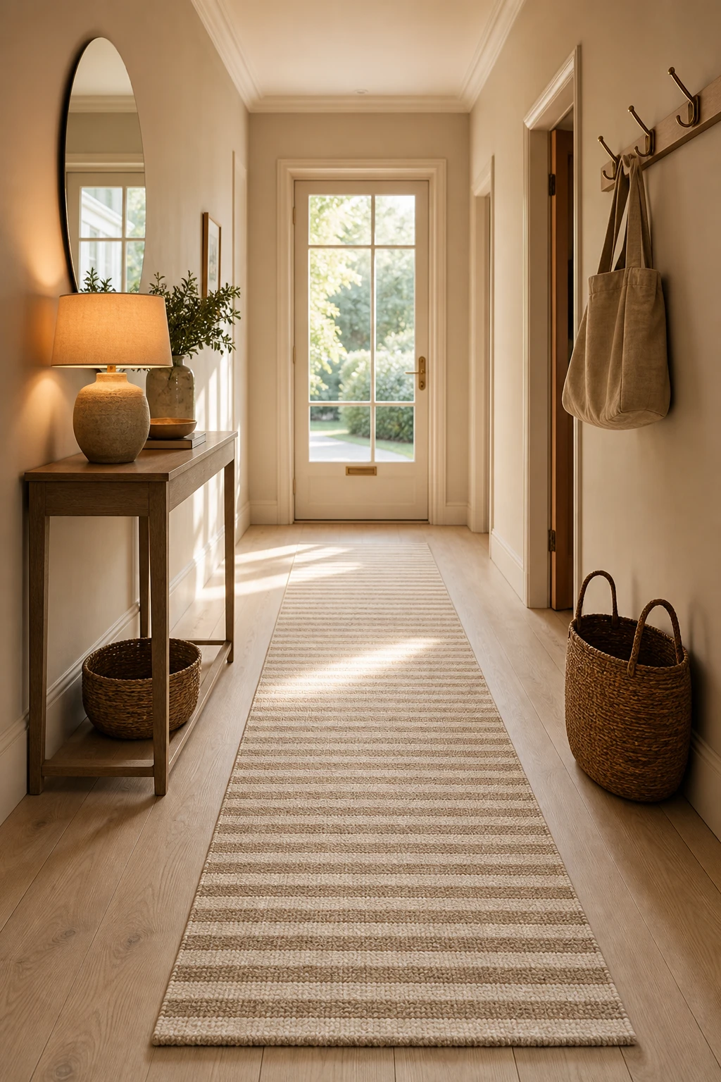 Narrow neutral hallway with a styled hall runner centred on pale timber floorboards, warm afternoon light, Farrow and Ball Cord painted walls