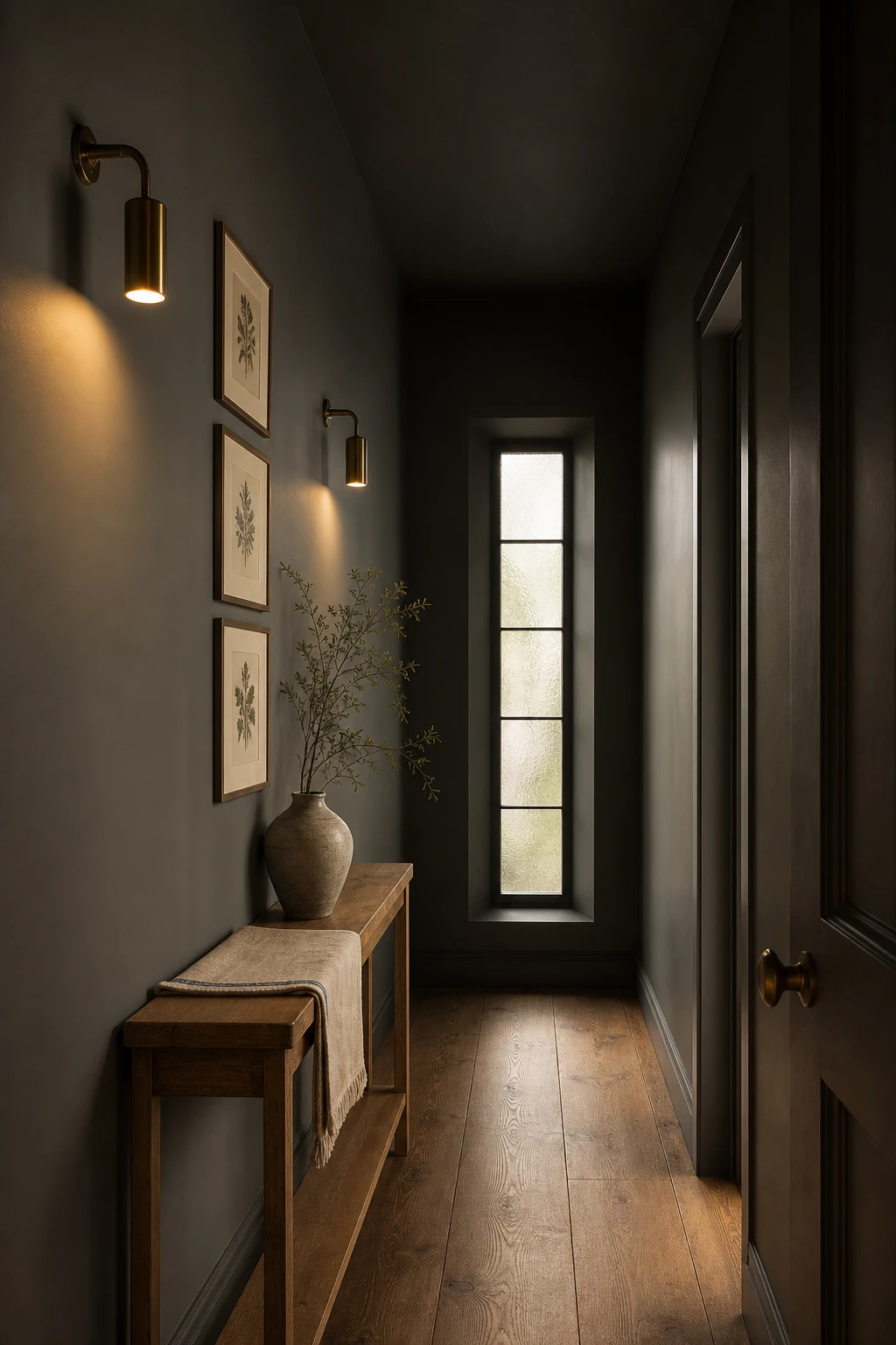 Narrow neutral hallway with dark warm grey painted walls, console table, wall sconces, framed art and timber floor in moody natural light