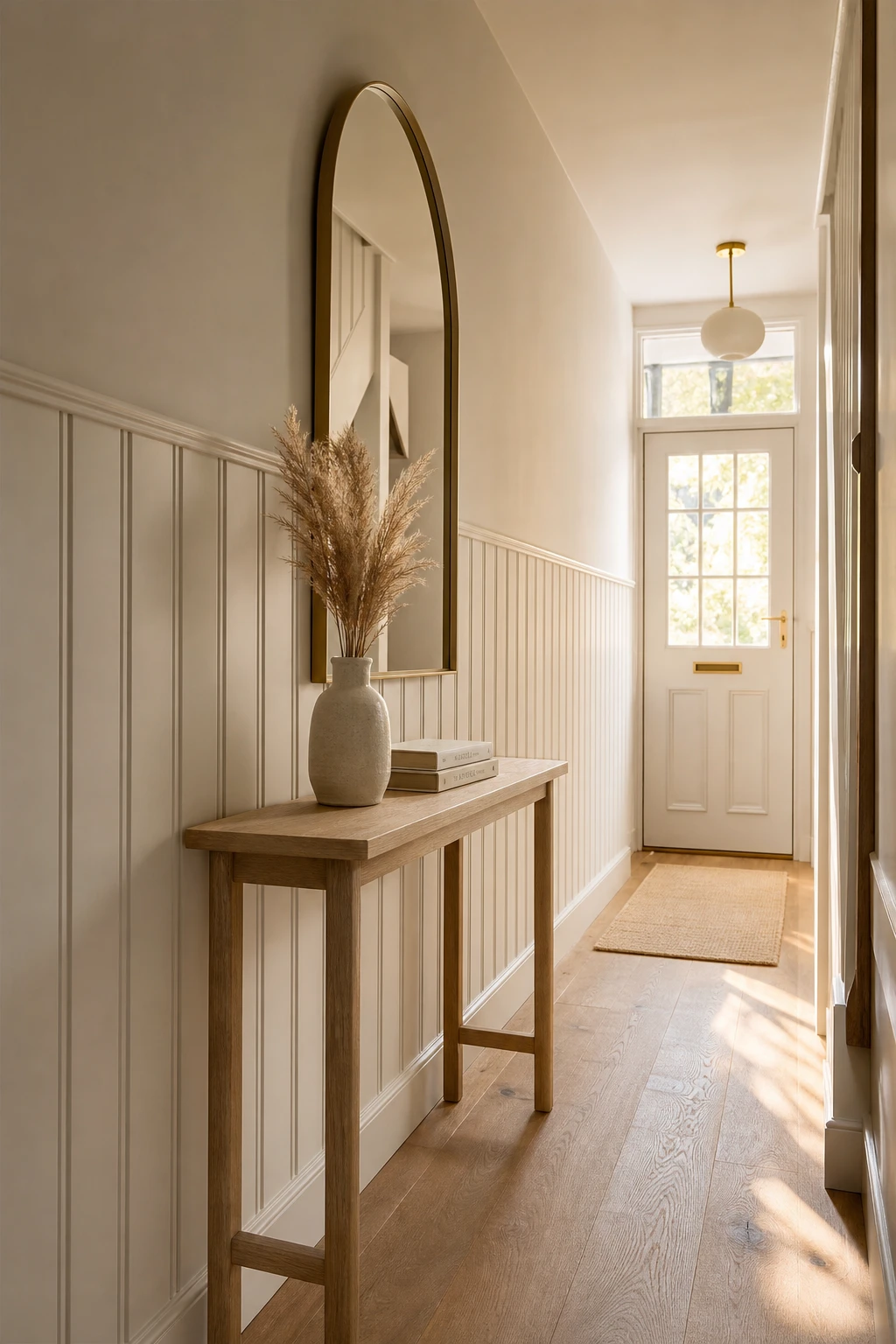 Narrow neutral hallway with slim vertical wall panelling painted Farrow and Ball Shaded White, warm afternoon light, console table and mirror above