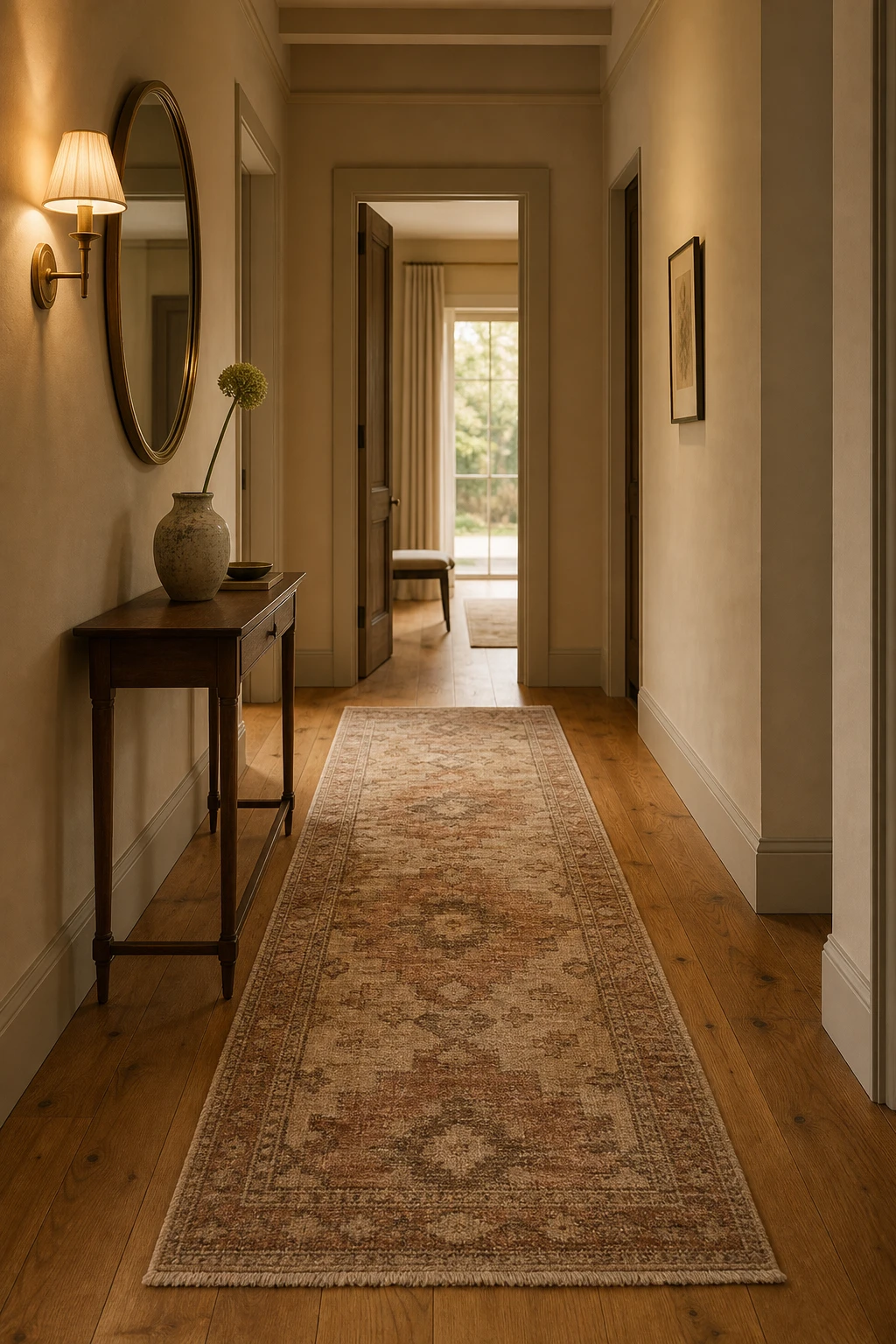 Narrow neutral hallway with warm wood floor and patterned runner rug, console table, wall sconce, and Farrow and Ball Buff painted walls in soft natural light