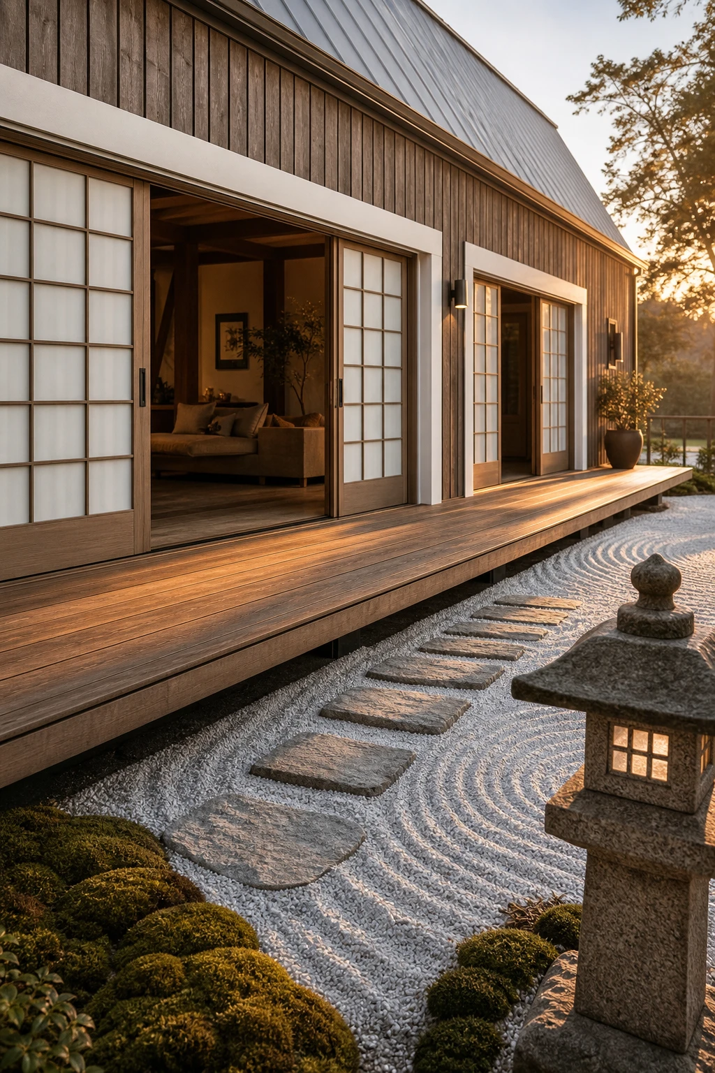 Narrow timber engawa veranda along a barndominium zen garden facade, with raked gravel, stepping stones, a stone lantern, and clipped moss ground cover in soft morning light.