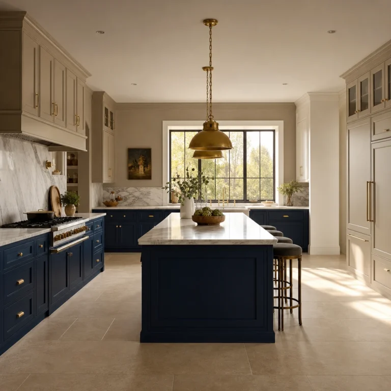 Navy and beige kitchen with deep navy lower cabinets, warm beige uppers, a marble topped navy island, brushed brass hardware, and gold pendants in soft late afternoon light.