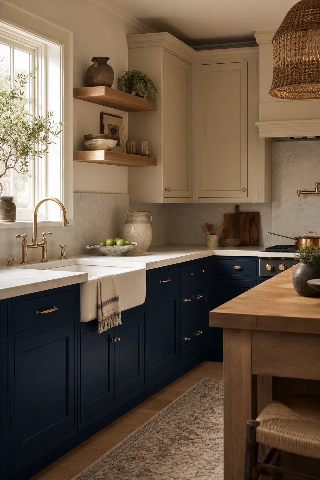 Navy and beige kitchen cabinets in a classic pairing, lower navy cabinets contrast warm beige uppers, natural light, magazine quality