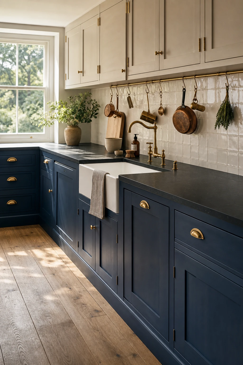 Navy and beige kitchen cabinets with black countertops as the hero, showing dark on dark contrast through varied finishes and natural light