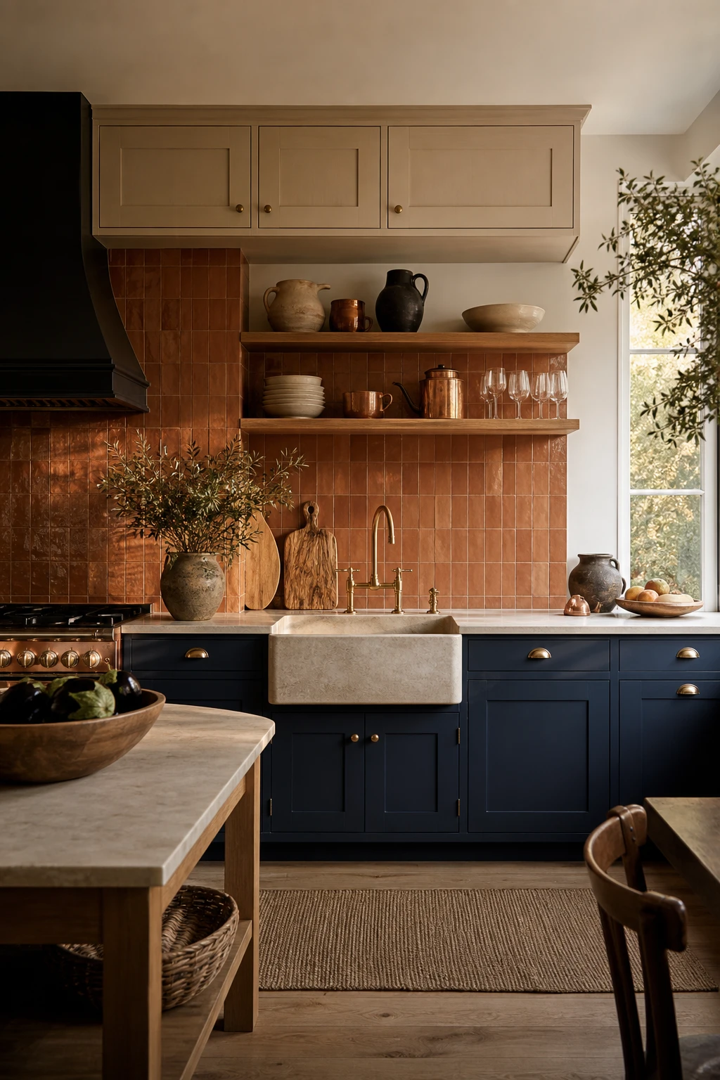 Navy and beige kitchen cabinets with blue and terracotta as the hero, terracotta zellige tiles, warm timber open shelves, and Farrow and Ball Berrington Blue lower cabinets
