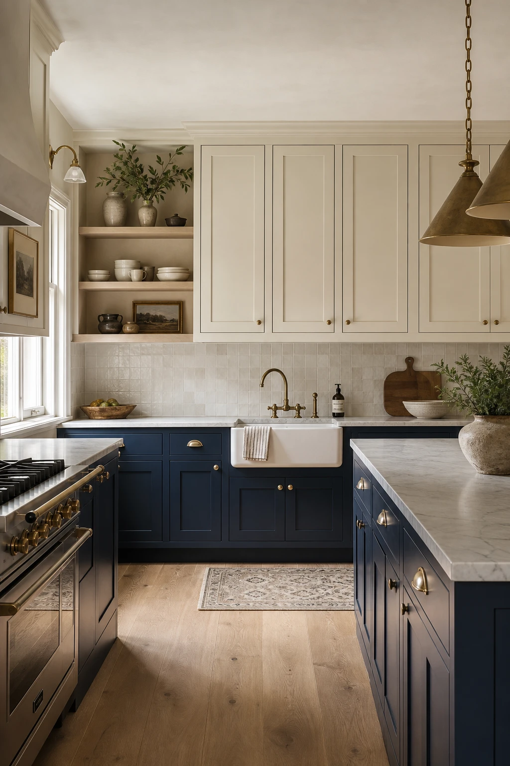 Navy and beige kitchen cabinets with dark navy base units and light beige upper cabinets creating a tonal split in a classic kitchen