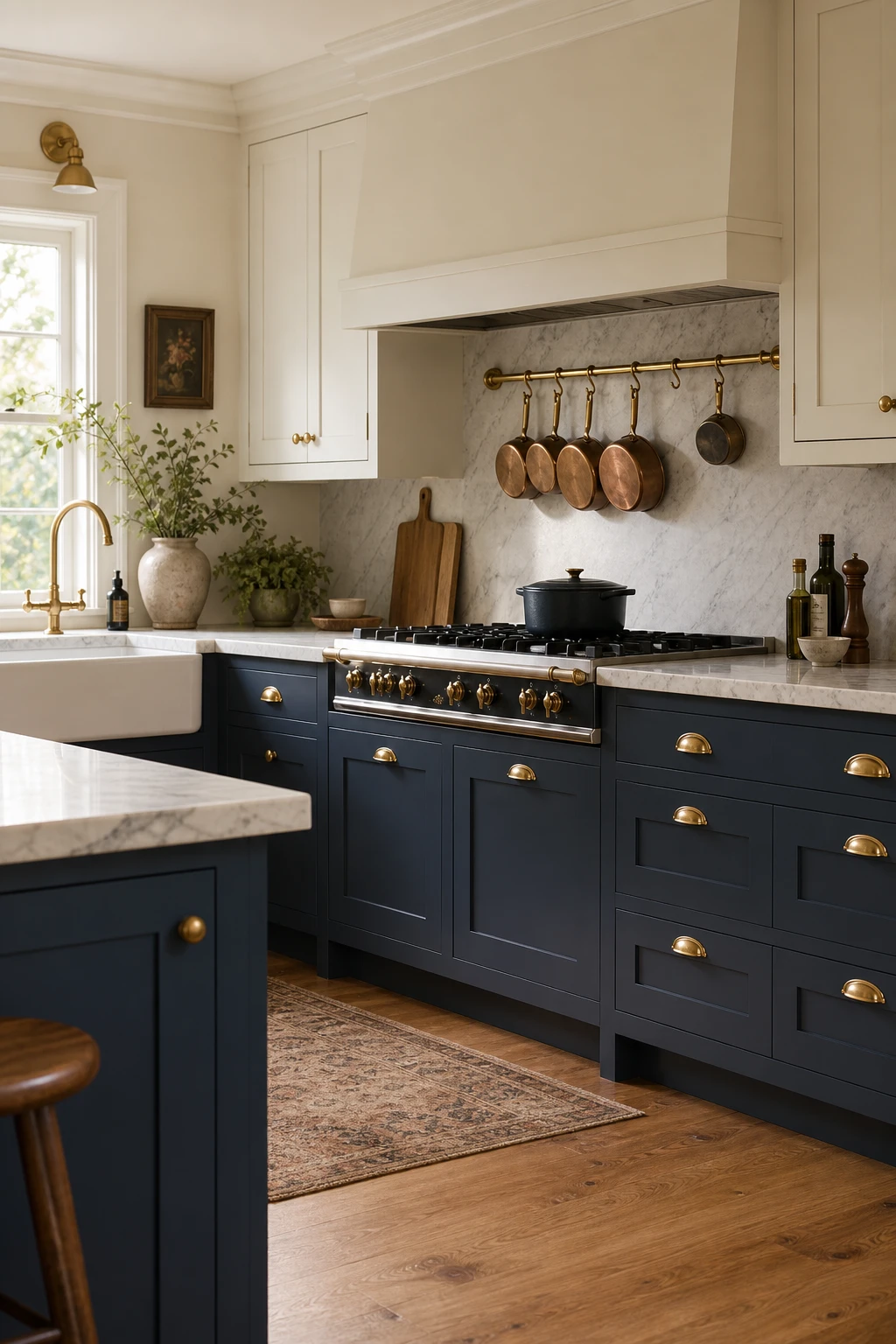Navy and beige kitchen cabinets with prominent brass hardware, warm natural light, Farrow and Ball Oval Room Blue lower cabinets, cream upper cabinets, marble countertop