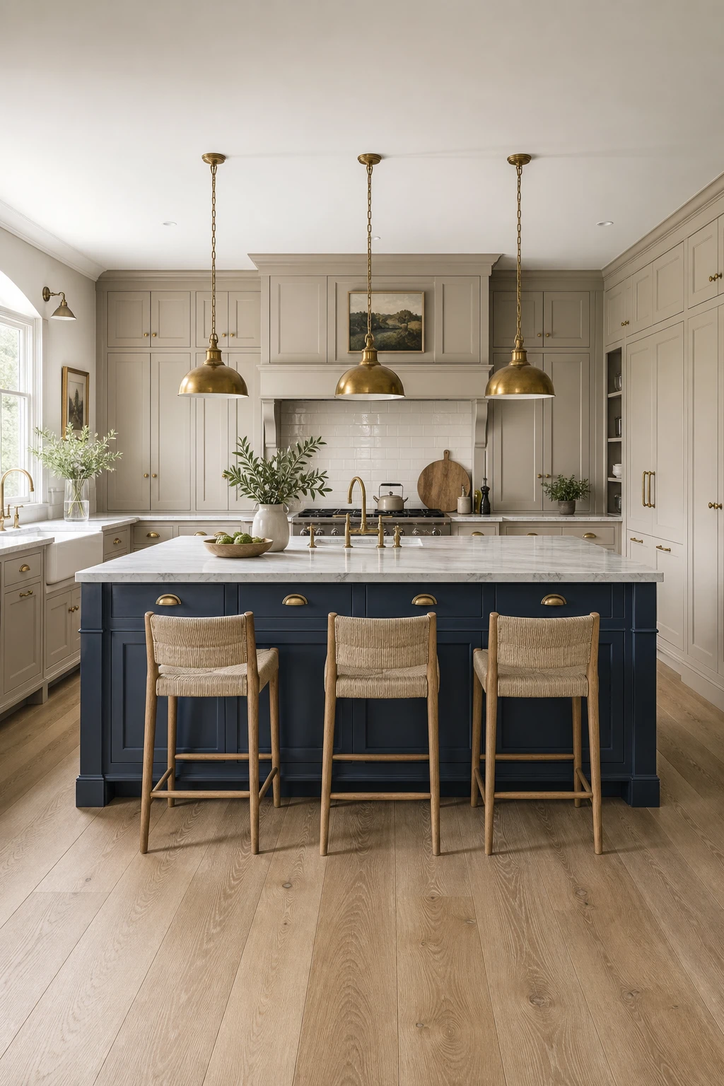 Navy and beige kitchen with a bold blue island painted Farrow and Ball Belvedere Blue, surrounded by warm beige cabinetry, brass hardware, and marble countertops