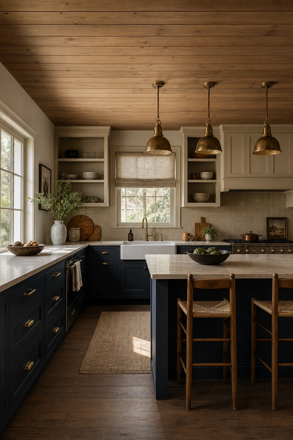 Navy and beige kitchen with a plank ceiling as the hero detail above bold lower cabinets, warm natural light, magazine quality interior photography