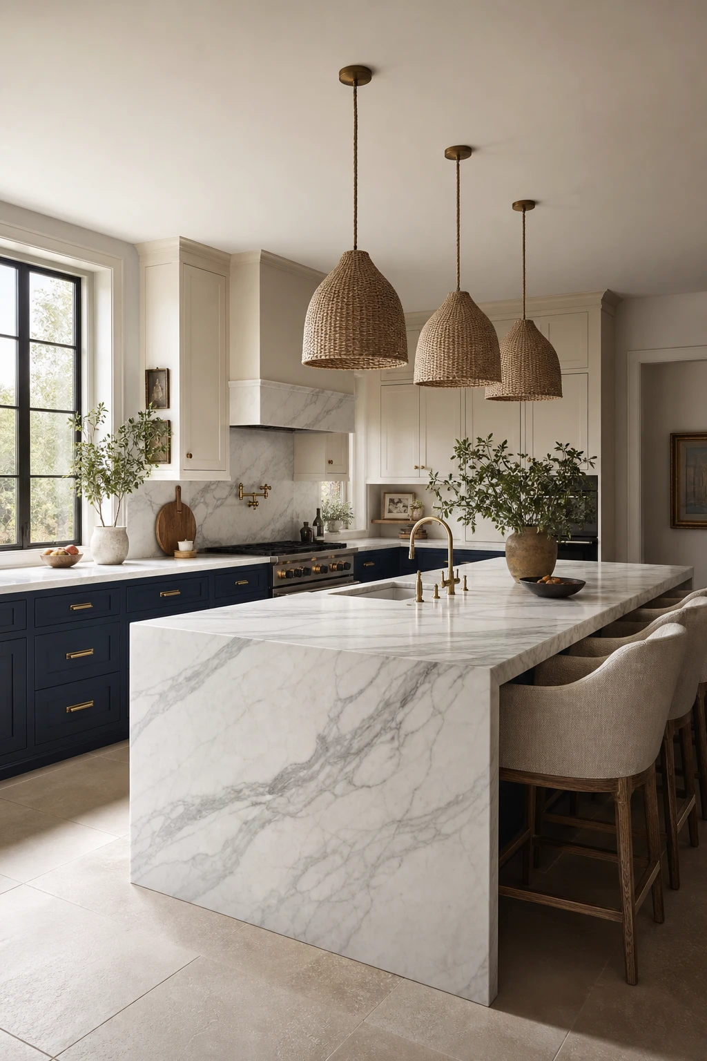 Navy and beige kitchen with a thick marble island top showing grey veining, navy lower cabinets, beige upper cabinets, and warm natural light from a side window