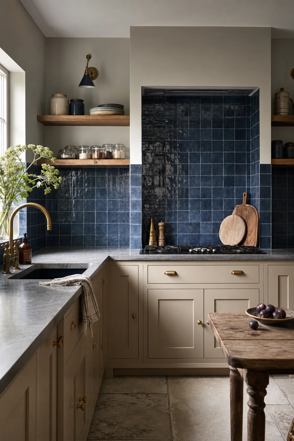 Navy and beige kitchen with blue kitchen tiles as hero, beige cabinets, open shelving, brass fixtures, and Farrow and Ball Borrowed Light painted upper walls