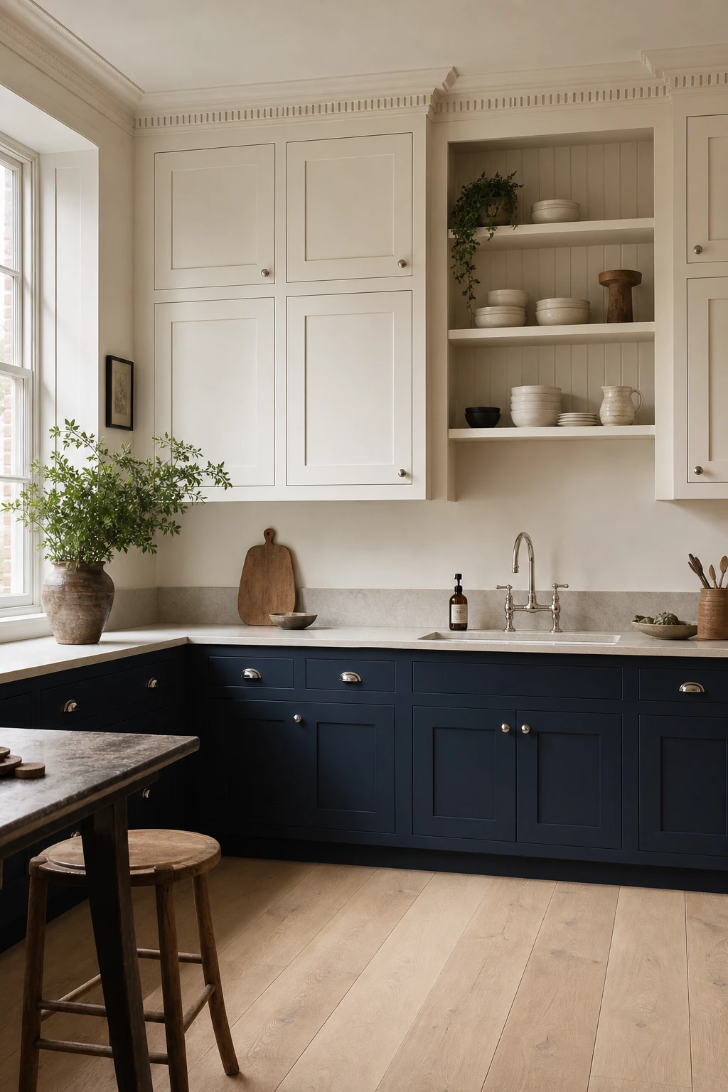Navy and beige kitchen with cream upper cabinets and dark navy lower cabinets creating a two tone split that draws the eye upward