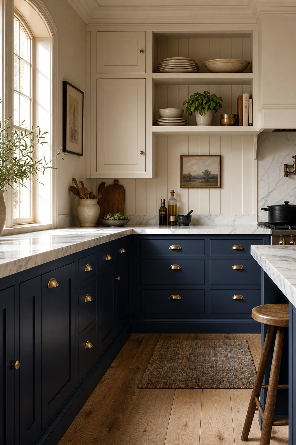 Navy and beige kitchen with deep navy lower cabinets in Farrow and Ball Hague Blue, beige upper cabinets, brass hardware, and marble countertops in warm natural light