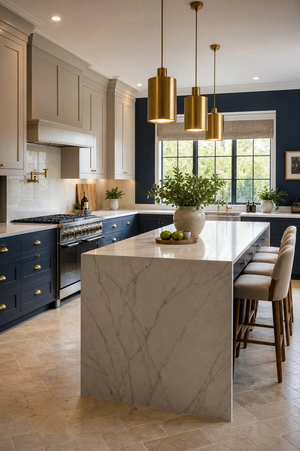 Navy and beige kitchen with gold pendant lights above island, navy lower cabinets, beige upper cabinets, brass hardware, and warm natural light