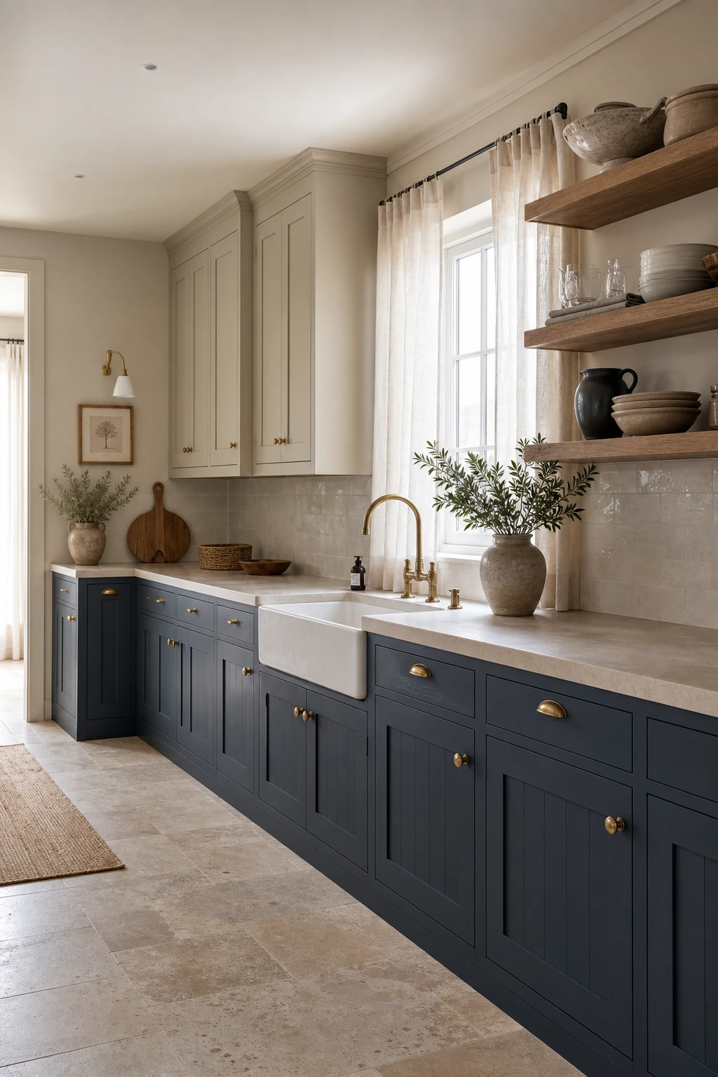 Navy and beige kitchen with muted navy lower cabinets in Farrow & Ball Stiffkey Blue, warm beige uppers, stone countertops, and soft natural light