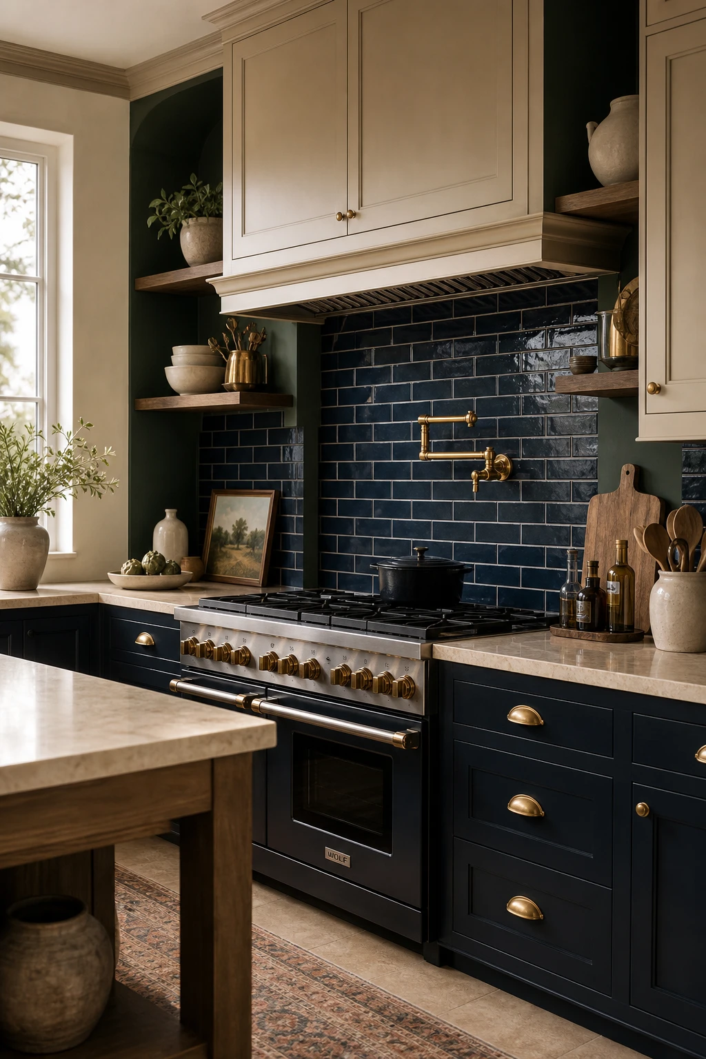 Navy and beige kitchen with navy cabinet backsplash in Farrow and Ball Chappell Green, cream subway tiles, brass fixtures and warm natural light