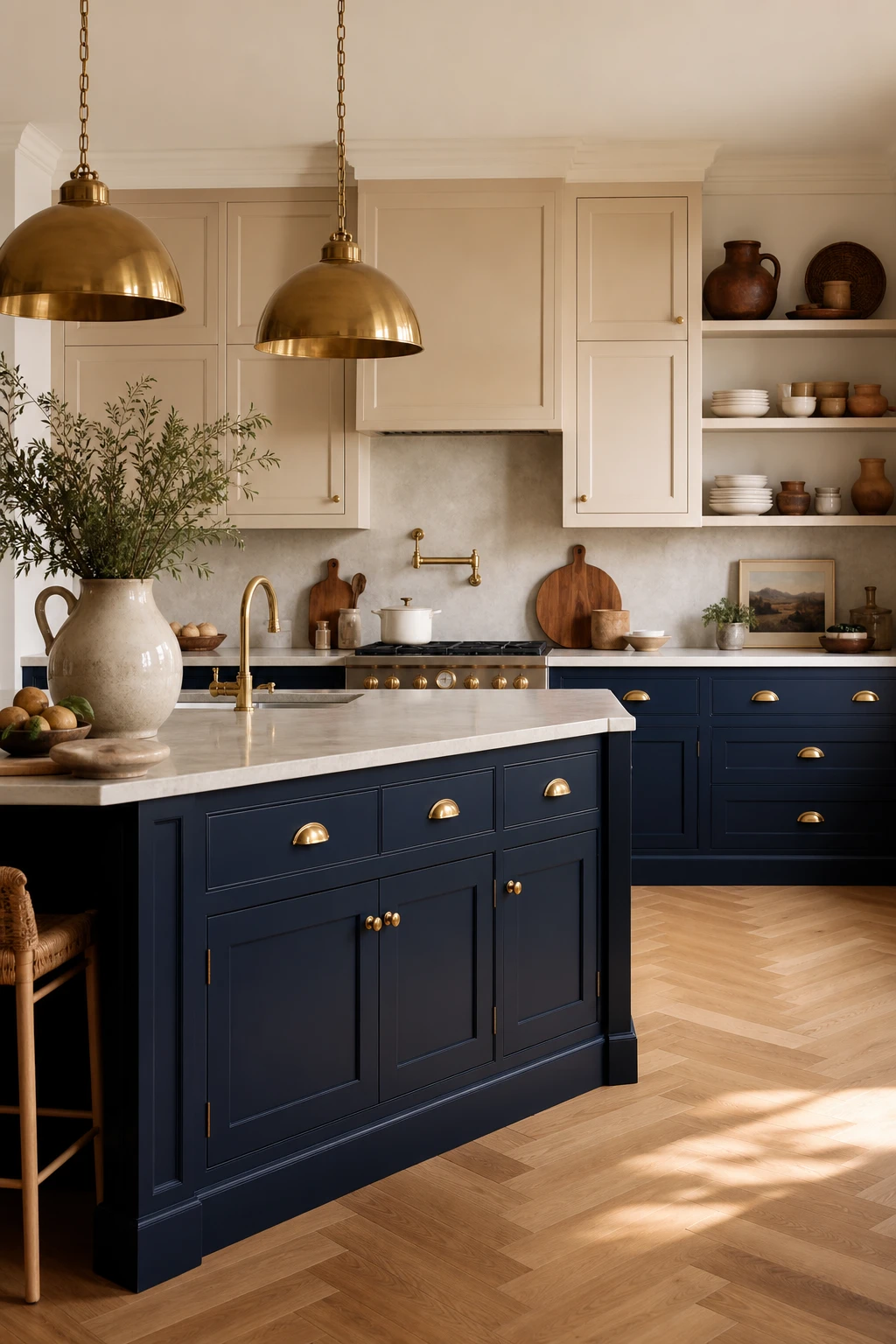 Navy and beige kitchen with navy lower cabinets, gold hardware, beige upper cabinets, brass pendant lights, and warm natural light on stone countertops
