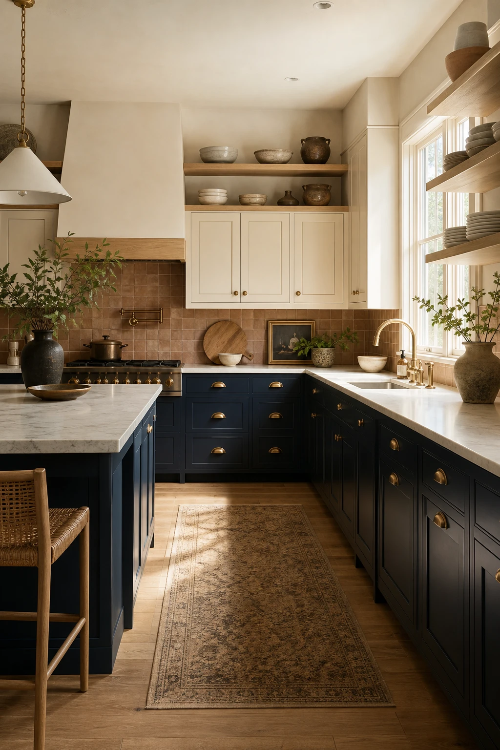 Navy and beige kitchen with navy lower cabinets painted Farrow and Ball Black Blue, beige upper cabinets, marble countertops, brass hardware, and warm wood flooring