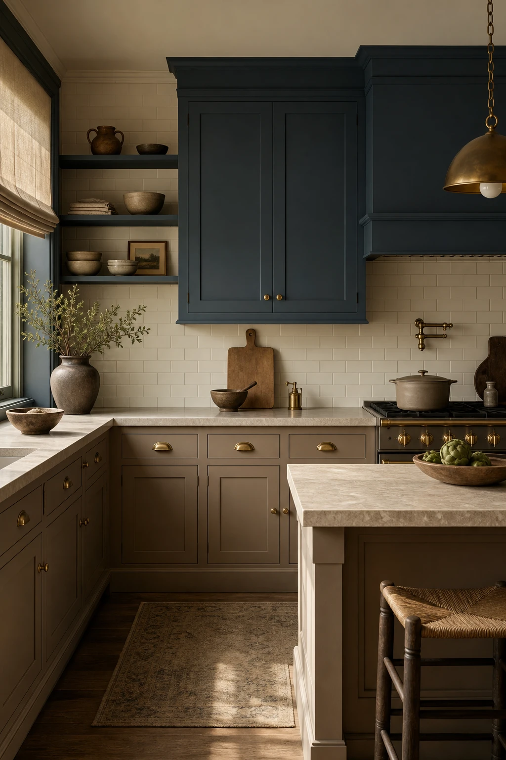 Navy and beige kitchen with taupe lower cabinets and dusty blue uppers, warm natural light, brass hardware, and stone countertops