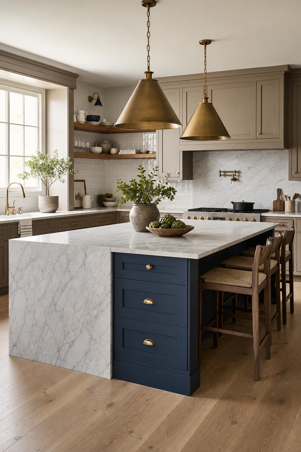 Navy and beige kitchen with taupe perimeter cabinets and a bold blue painted island as the central focal point under pendant lights