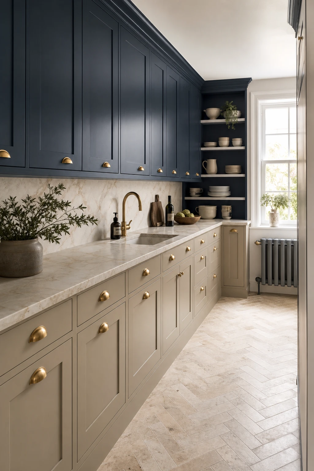 Navy and beige two tone galley kitchen with contrasting upper and lower cabinets, marble countertops, brass hardware, and natural light along a narrow corridor layout