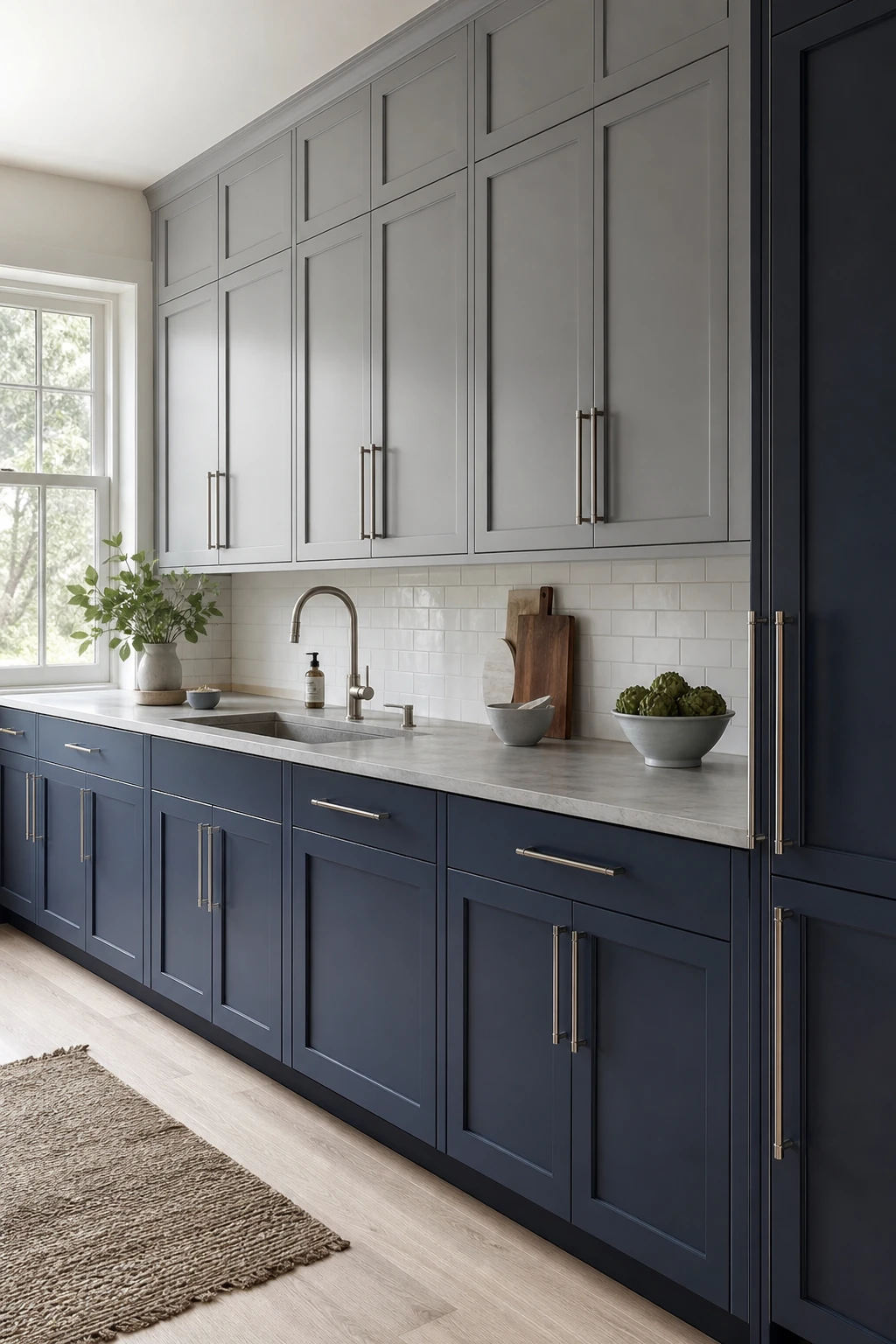Navy and grey kitchen with Farrow and Ball Inchyra Blue lower cabinets, matte upper cabinets, stone worktop and brushed nickel hardware in cool natural light