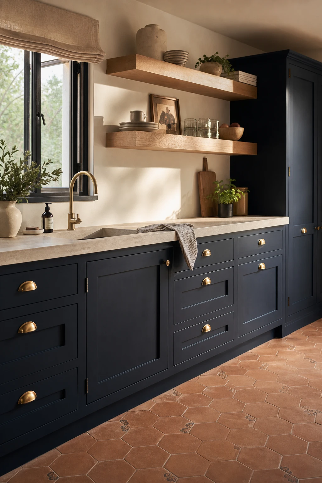 Navy and oak kitchen cabinets with Farrow and Ball Pitch Blue lower units, warm oak upper shelving, brass hardware, and stone countertops in soft natural light