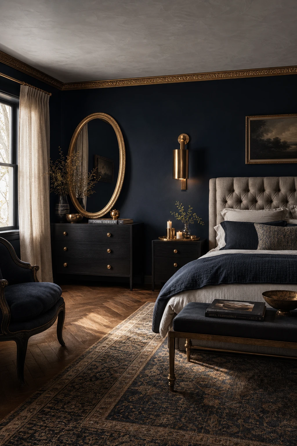 Navy bedroom with gold accents featuring deep blue walls in Farrow and Ball Pitch Blue paint, brass light fittings, gold mirror frame and linen bedding