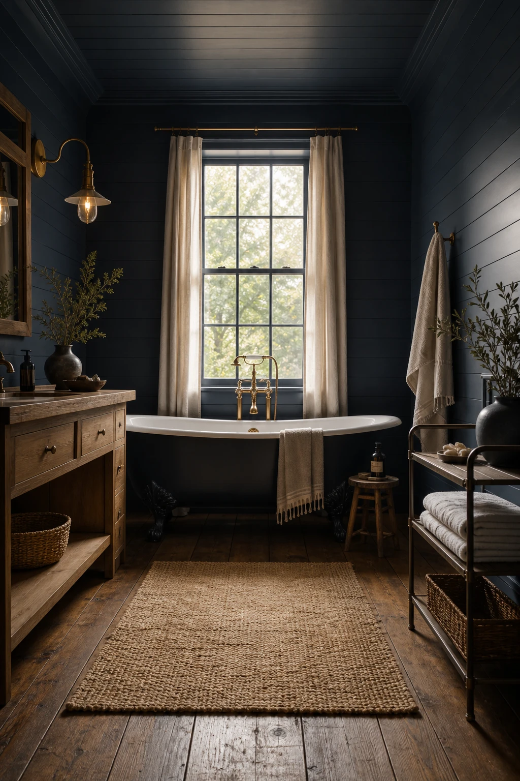 Navy blue farmhouse bathroom with shiplap walls, freestanding tub, brass fixtures, and warm morning light creating a dramatic yet cosy atmosphere