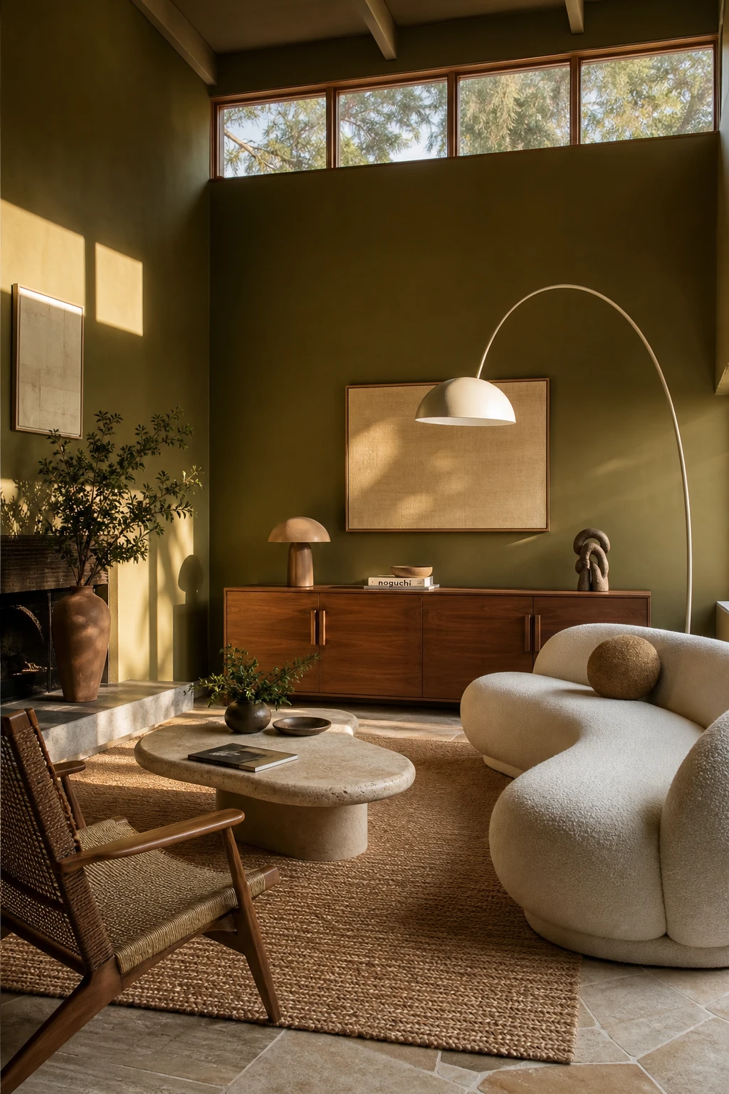 Olive green mid century modern living room with walnut furniture, organic textures, and warm afternoon light highlighting earthy tones throughout