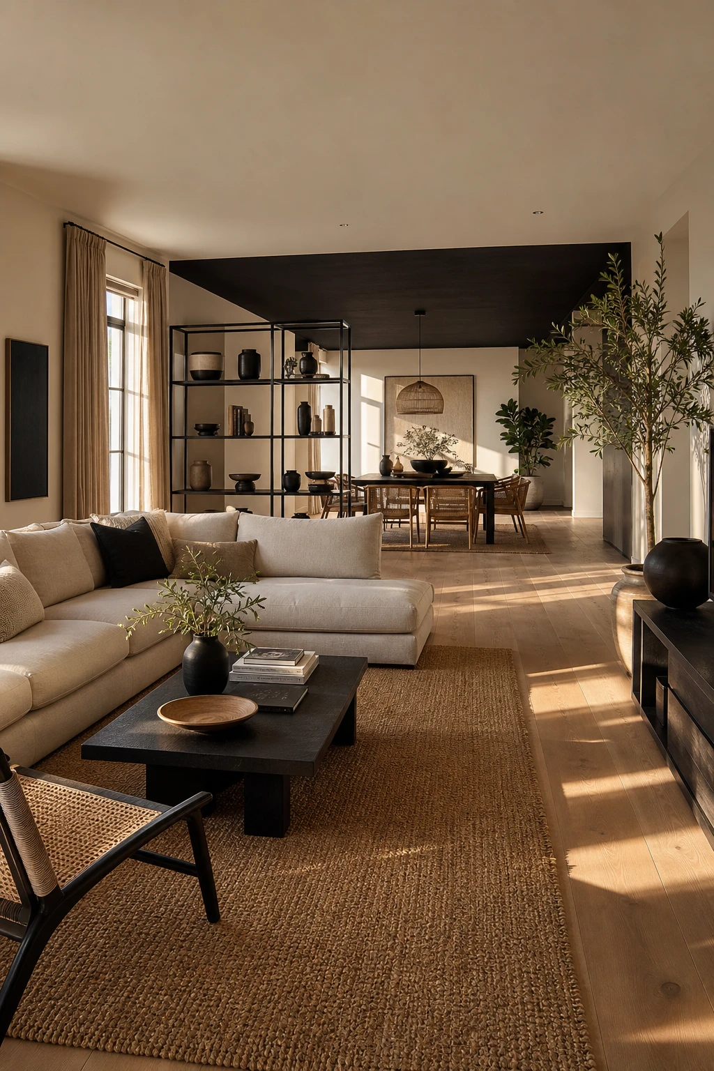 Open plan beige and black living room with distinct zones defined by rugs, furniture placement and Farrow and Ball Liquorice painted ceiling above the dining area