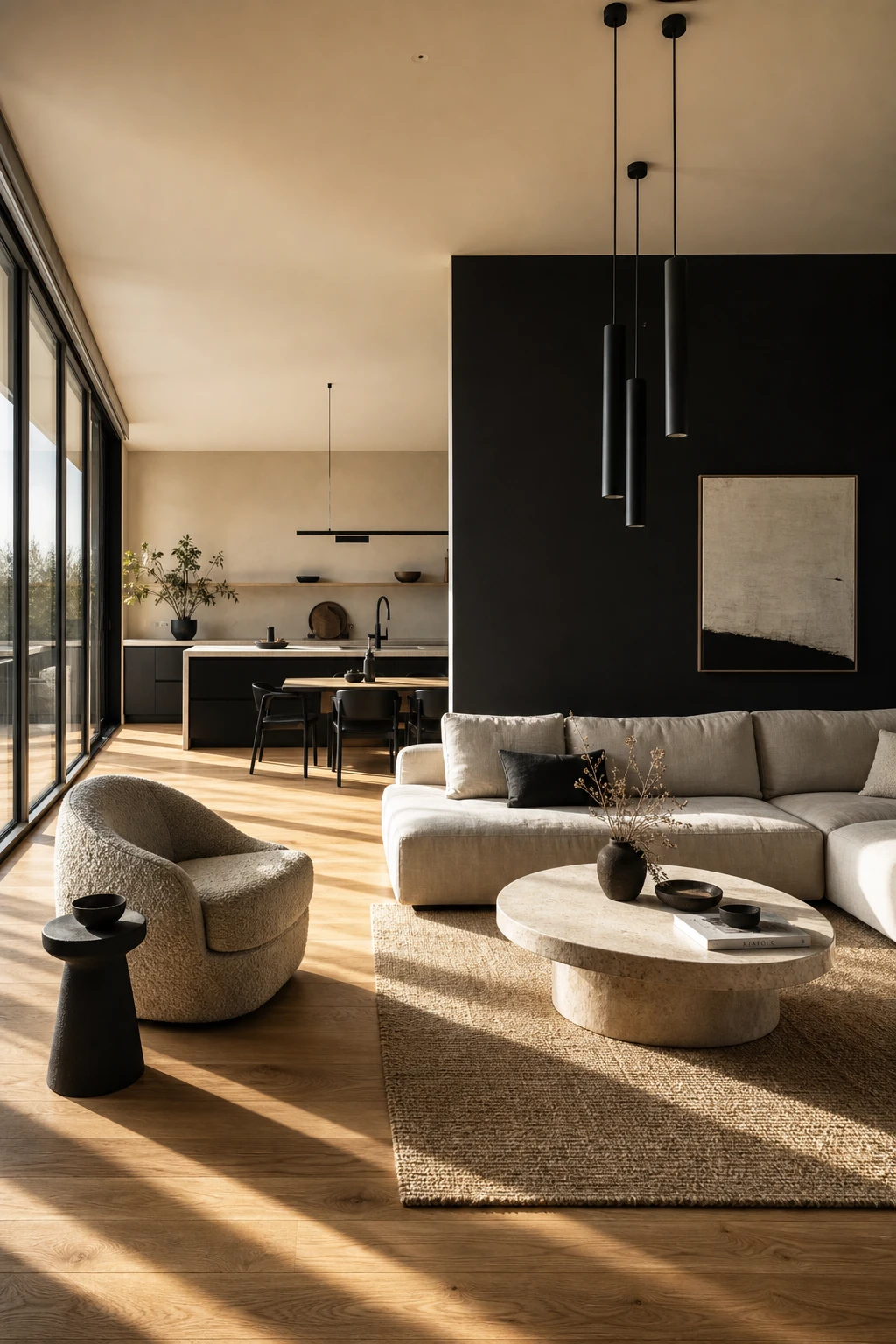 Open plan beige and black living room with warm wood floor as hero, Farrow and Ball Pitch Black accent wall, natural light from tall windows