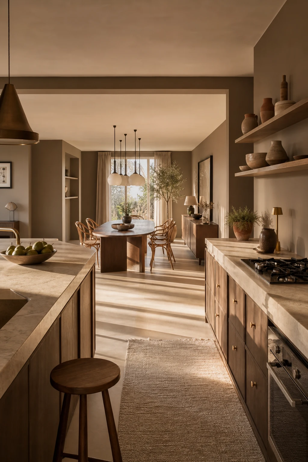 Open plan brown and beige kitchen dining room with warm tones flowing through connected spaces, natural light, and Farrow & Ball Pantalon painted walls