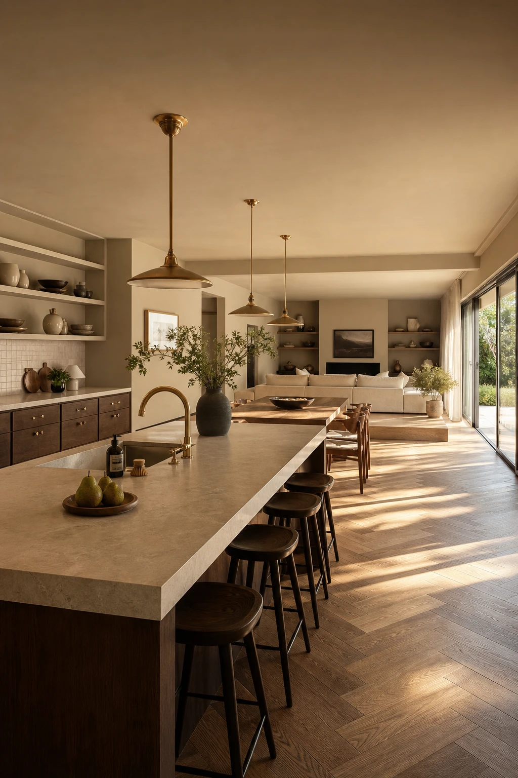 Open plan brown and beige kitchen flowing into living and dining area with warm tones, natural materials, and Farrow and Ball Pantalon painted walls throughout