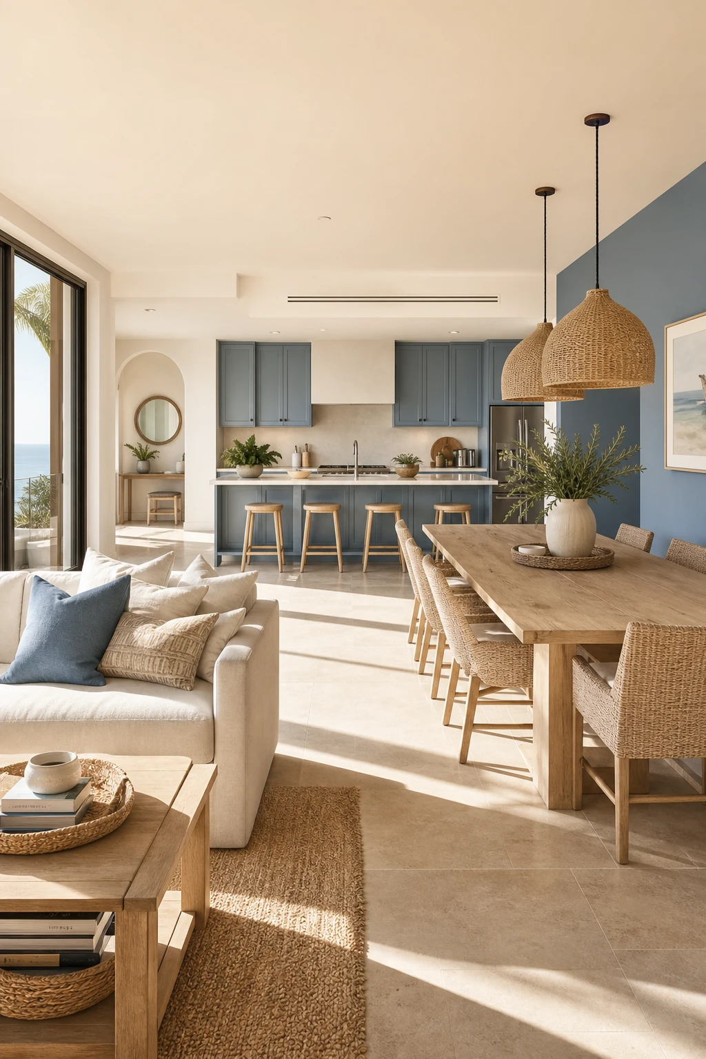 Open plan California coastal interior showing a unified palette of soft blues, warm whites and sandy neutrals flowing through living dining and kitchen zones