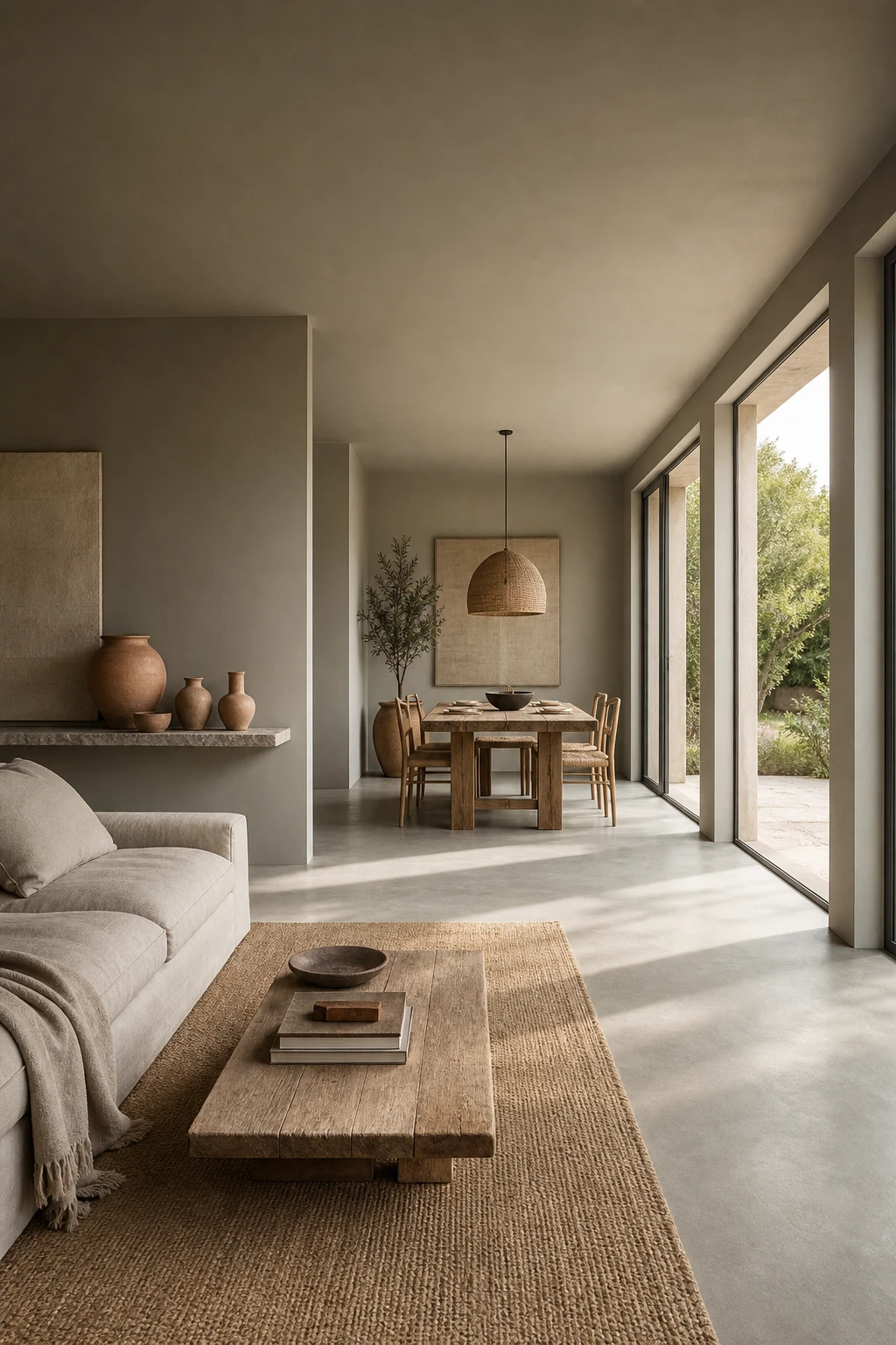Open plan earthy minimalist living dining room with warm neutral walls, low sofa, raw wood dining table, and soft natural light from floor to ceiling windows