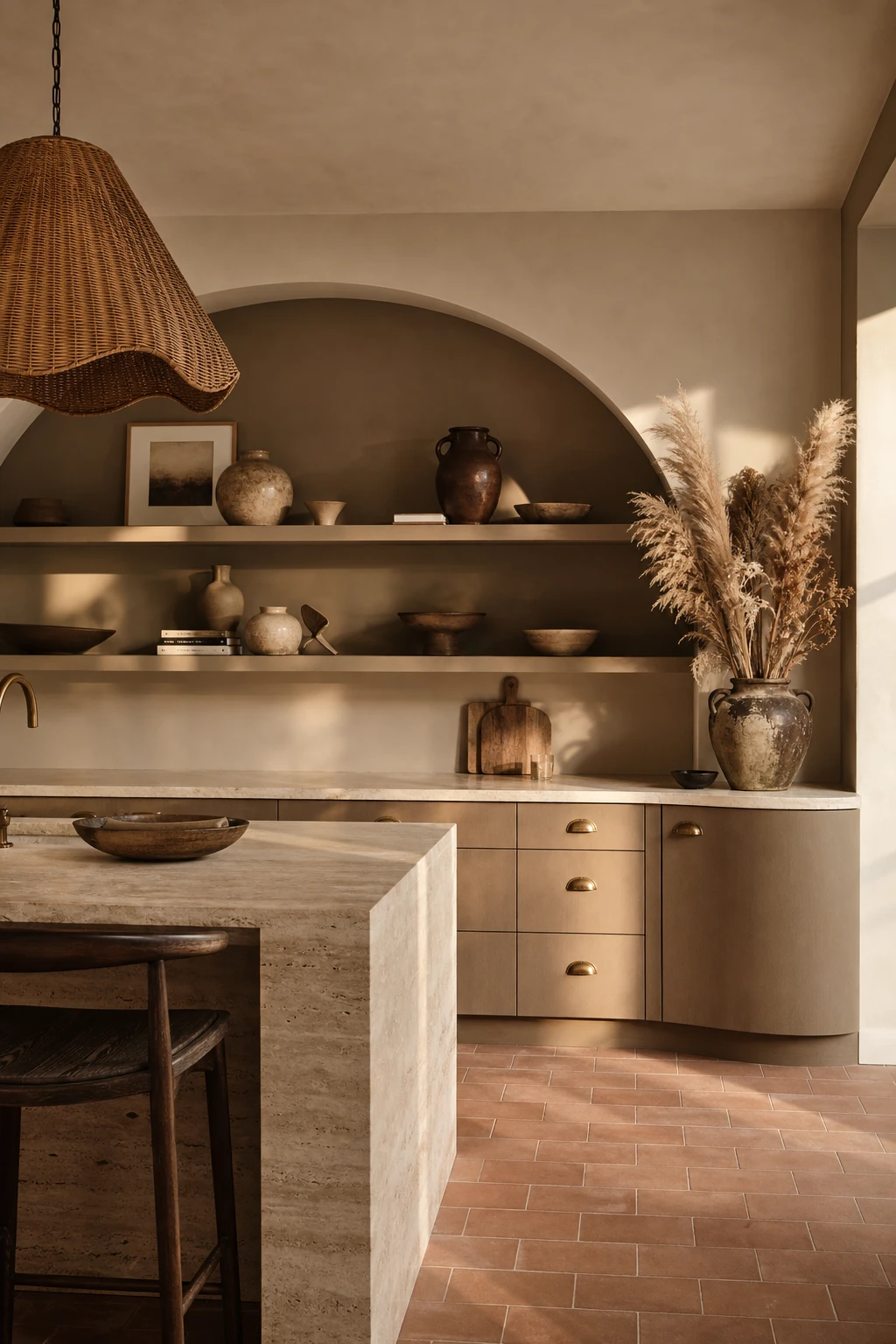 Organic modern brown and beige kitchen with curved cabinetry, natural stone countertops, arched shelving, and warm Farrow & Ball Salon Drab walls in soft afternoon light