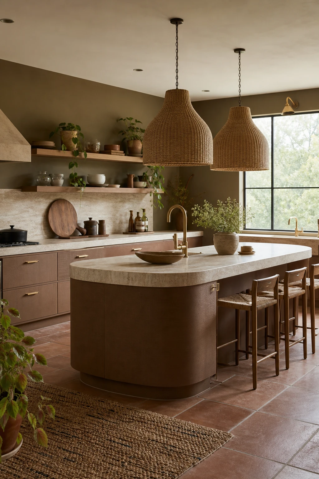 Organic modern brown and beige kitchen with raw wood open shelving, curved cabinetry, woven pendants, stone countertops, and Farrow and Ball Salon Drab walls